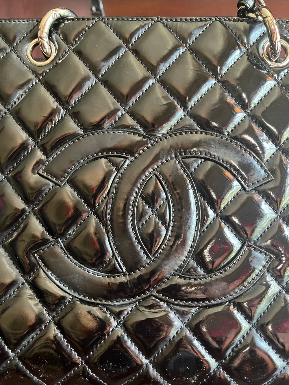 CHANEL Black Quilted Patent Leather Tote with Chain Straps - Picture 2 of 10